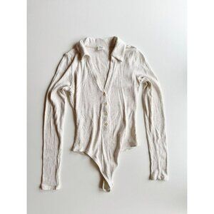 Aritzia WILFRED Charlotte Beige Ribbed Jersey V-Neck Polo Thong Bodysuit, Size S